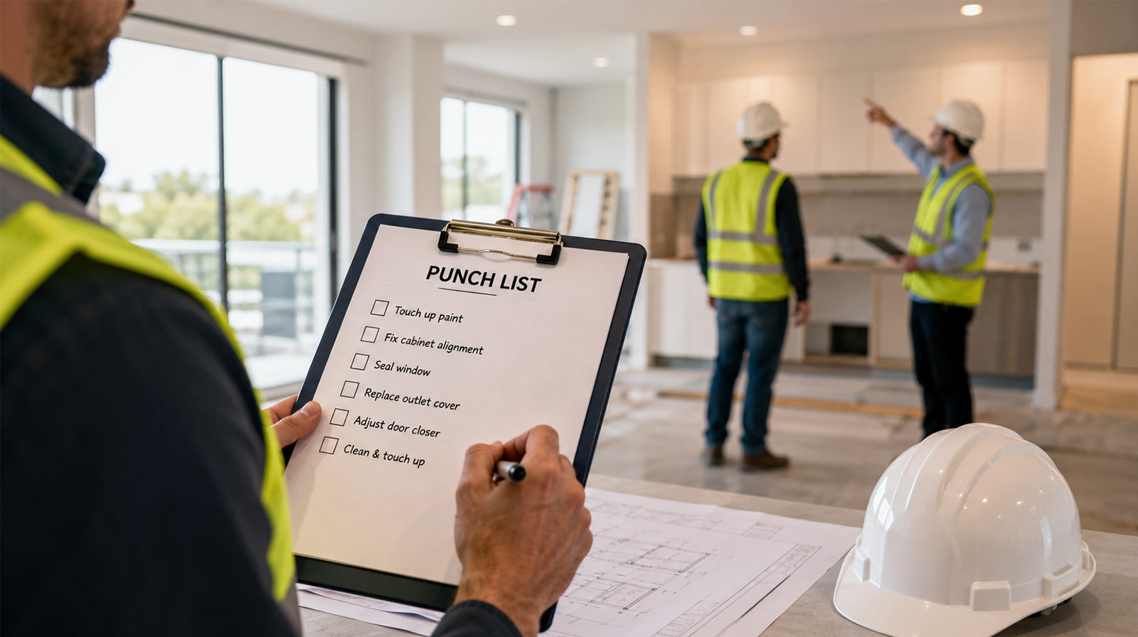 Image of a nearly finished construction project and a person holding the punch list of items to resolve.